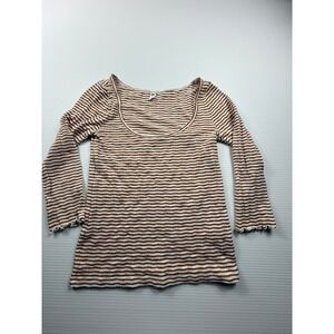 BP. Womens Striped Ribbed Knit Scoop Neck Long Sleeve Top Brown White Size‎ S